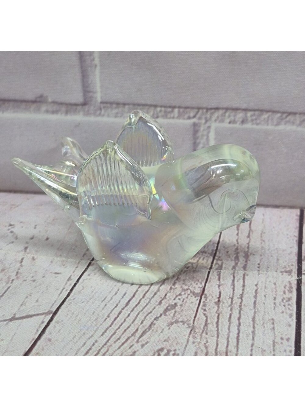 Vintage Iridescent White Swirl Bird Paperweight Hand Blown Art Glass